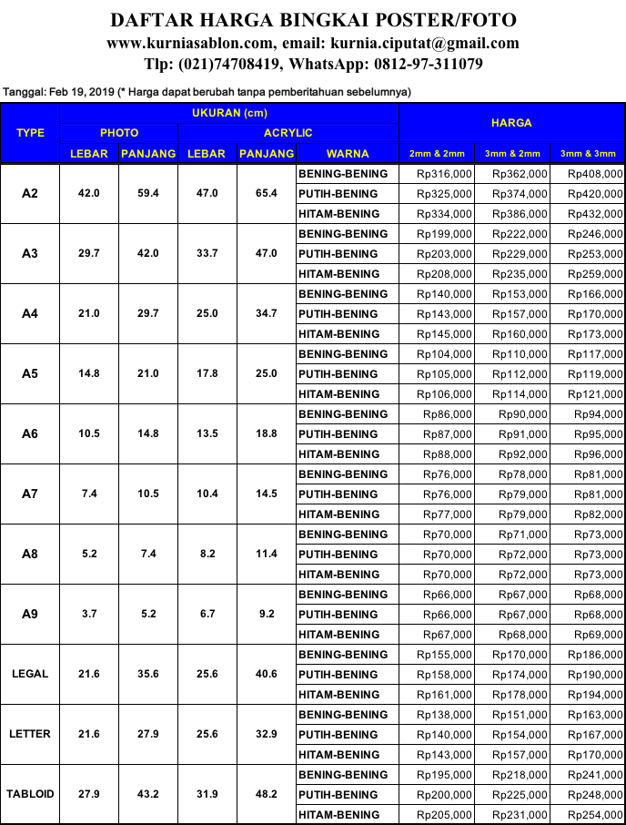 Acrylic Poster Frame Price List